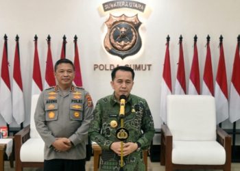 Pj Gubernur Sumut Agus Fatoni bertemu dengan Kapolda Sumut Agung Setya Imam Effendi di Mapolda Sumut, Jalan Sisingamangaraja, Medan, baru-baru ini. (Diskominfo Sumut)